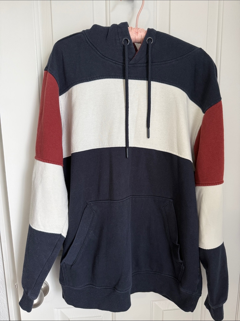 Men's Colorblock Pullover Hoodie in Navy, White & Red